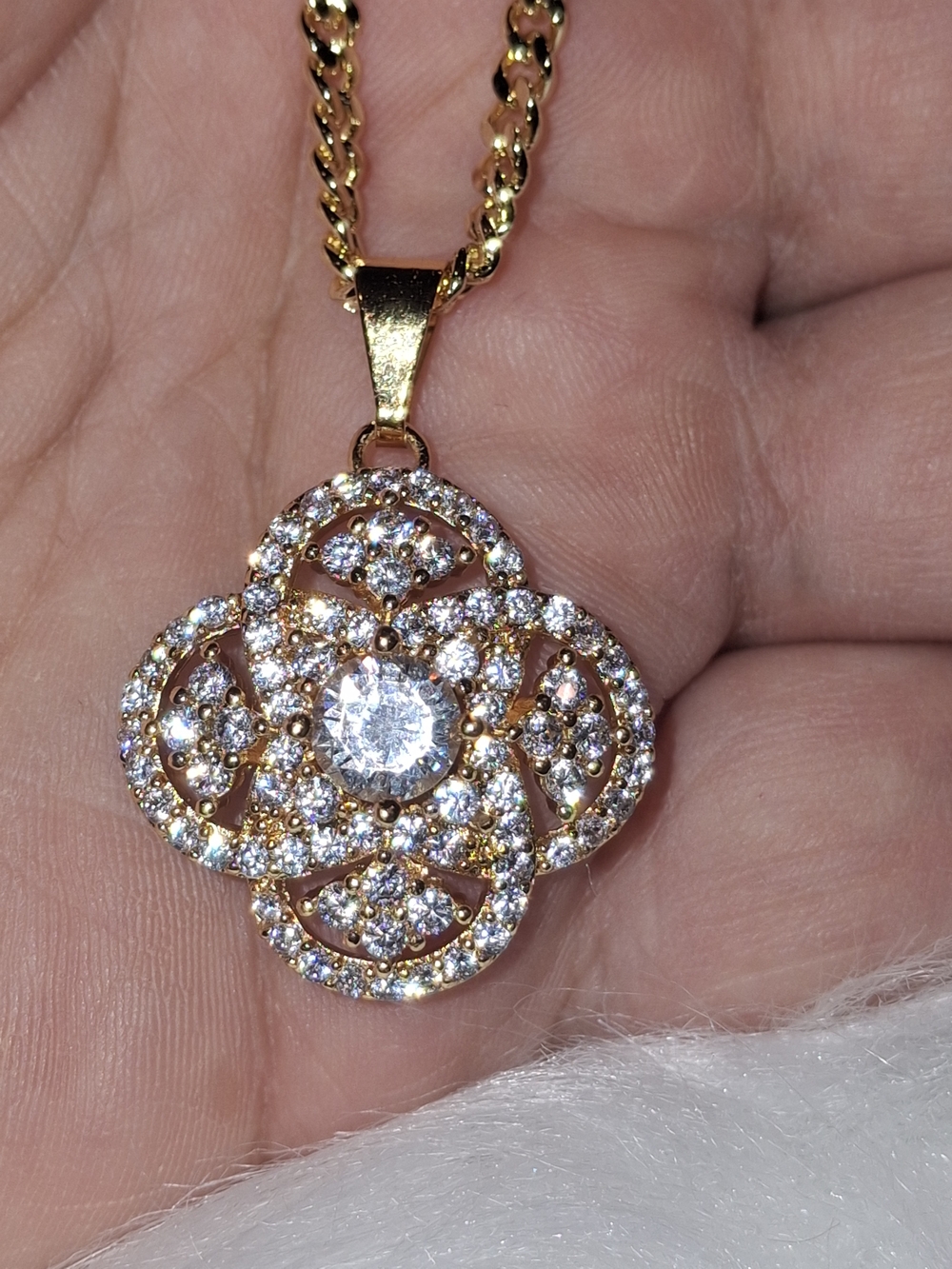 Gold-Tone Crystal Floral Pendant Necklace - Sparkling White Cubic Zirconia